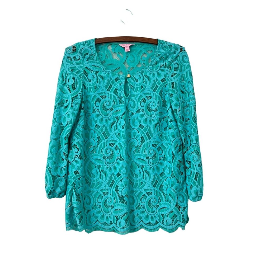 Lilly Pulitzer Womens Teal About Face Lace 3/4 Sleeve Blouse Top Size XSmall